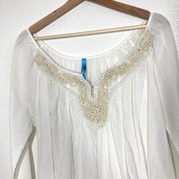 Free People Shirt Womens Large cream Boho Peasant Tunic Embroidered Beaded - Picture 2 of 16